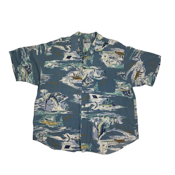 Untied Other - Untied XL Shirt Rayon Hawaiian Button Front  Swordfish Fishing Ocean Deep Blue